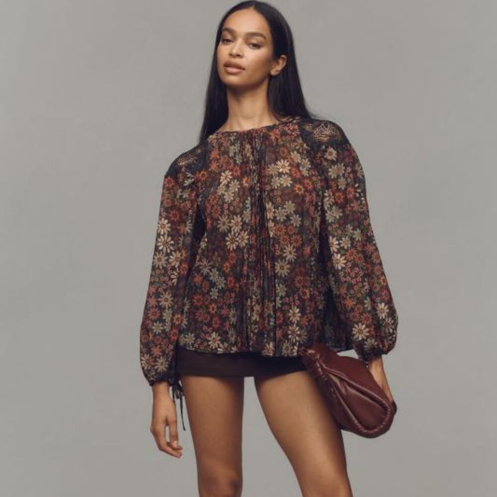 FARM Rio / Anthropologie Long Sleeve Sheer Pleated Floral Print Blouse XS. NWT